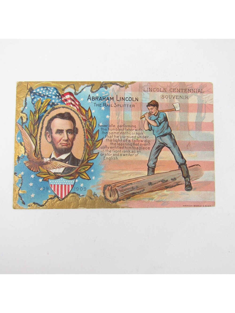 Postcard Abraham Lincoln Centennial Souvenir Rail Splitter Embossed Antique 1909